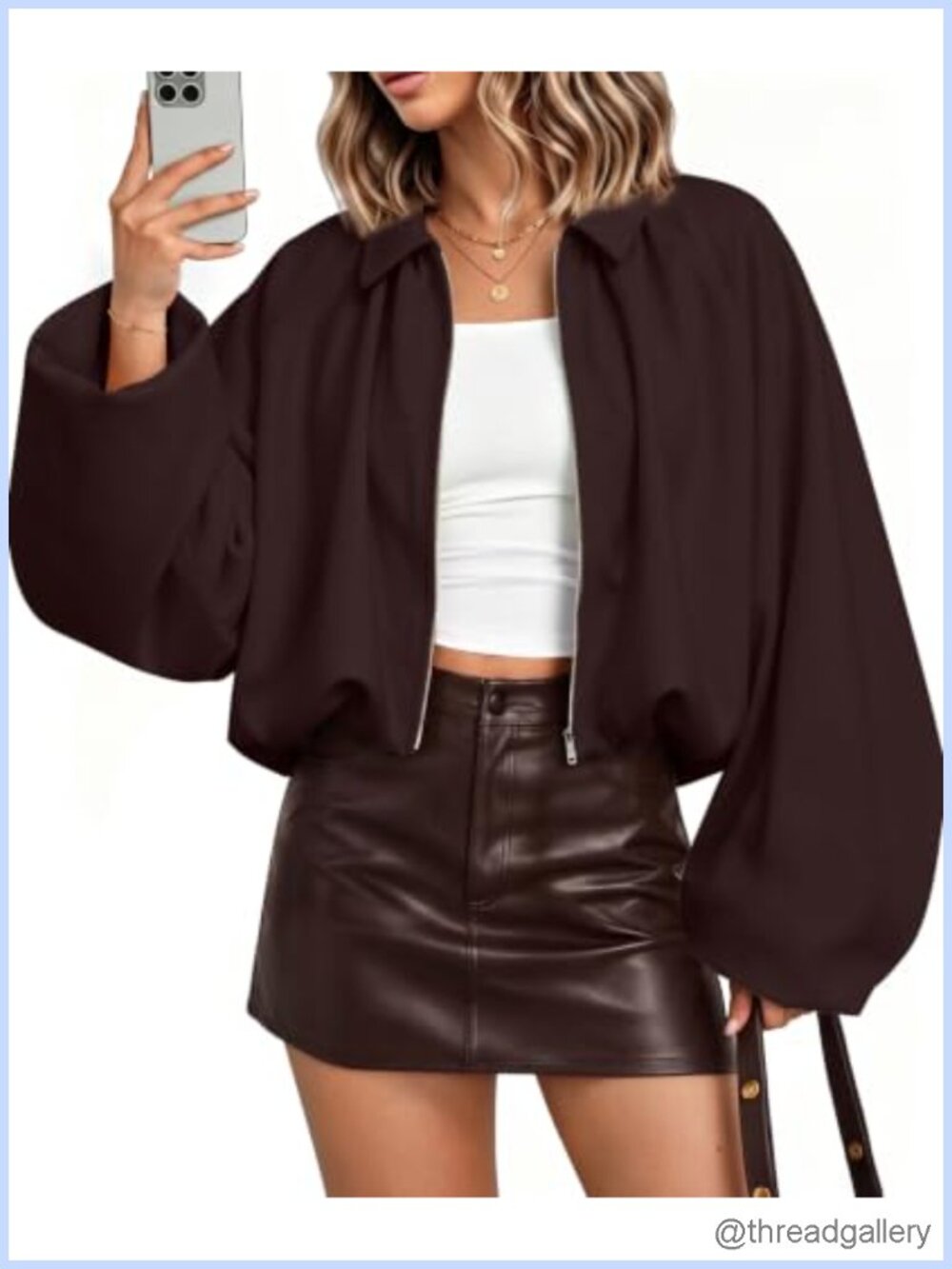 Womens Oversized Bomber Jacket Puff Sleeve Pleated Cropped